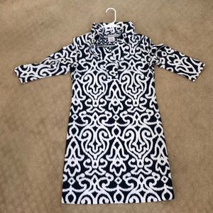 Gretchen Scott Navy and white ruffle neck dress